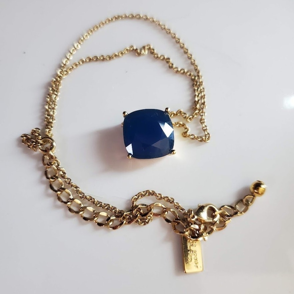Kate Spade Cause a Stir Gold Plate Blue Cushion Cut Stone Pendant Necklace